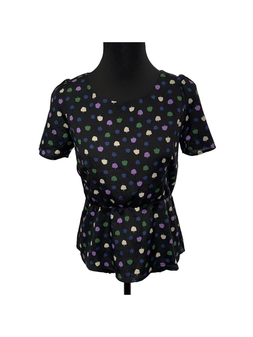 Freebird Women’s Medium Black Multicolor Graphic Peplum Short Sleeve Blouse Top